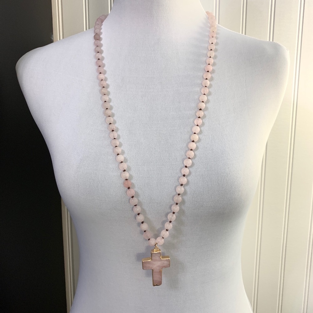 36 Inch Milky Pink Beaded Cross Necklace, NWT